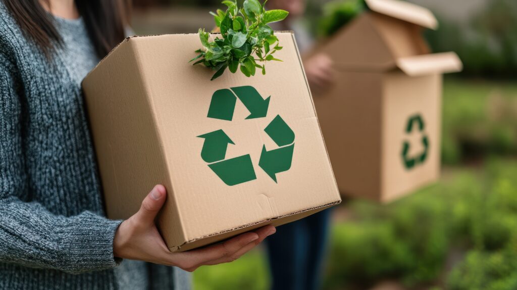 A person in a grey sweater holding a storage box with the green recycle symbol on side of box and a green plant coming the top of the box.  