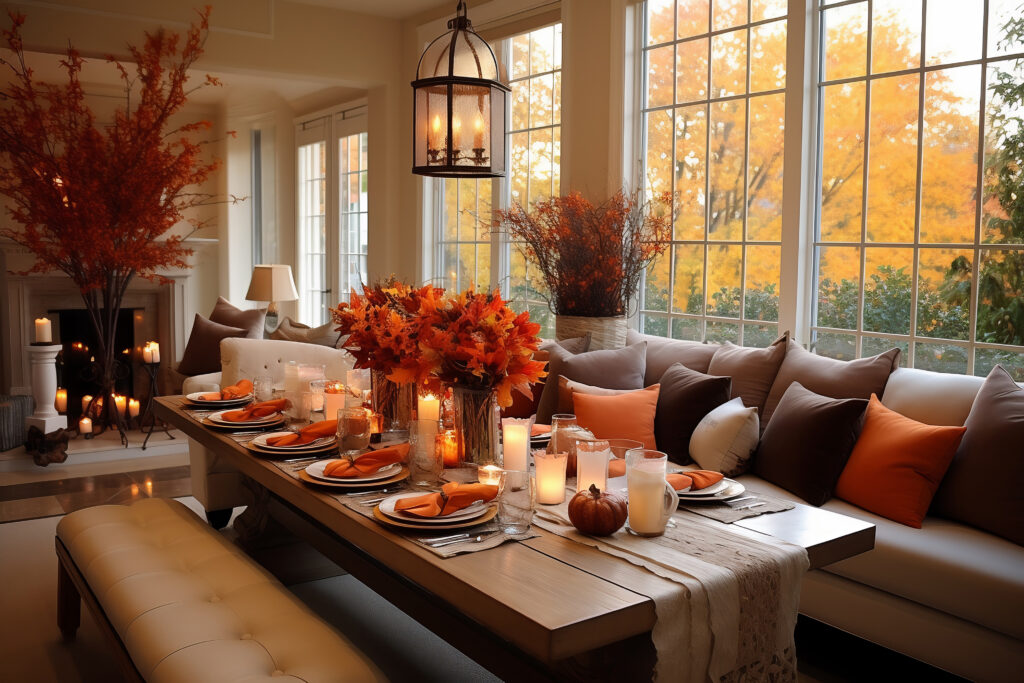 Classic living room with sofa and table setting decorated with pumpkins and flowers for thanksgiving day.