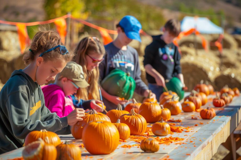 Children Carving Pumpkins at Autumn Event