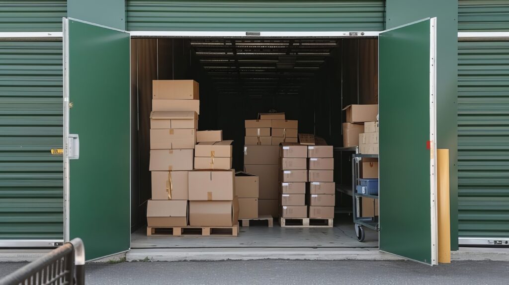 A storage units open green door reveals stacked cardboard boxes inside, with additional boxes on a cart in the foreground, indicating organization