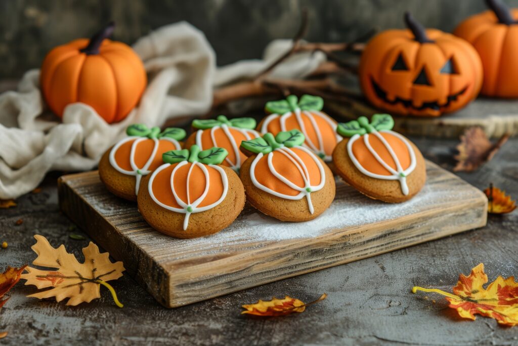 Decorated pumpkin cookies on a wood board with pumpkins and leaves filling the background