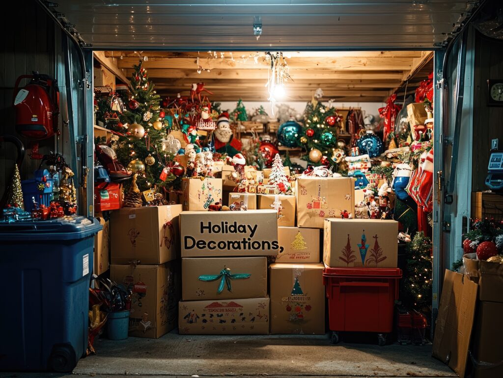 Garage filled with holiday decorations 