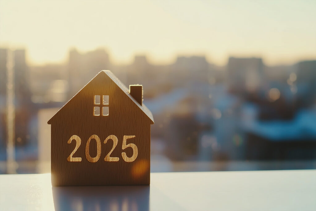 Wooden house model with text "2025" on a table.