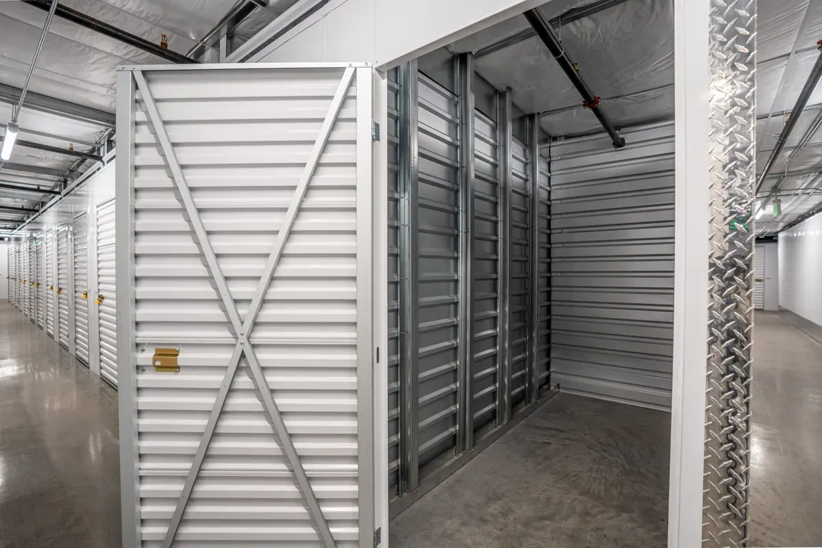 View of interior of indoor storage unit at U-Stor-It self storage facility.