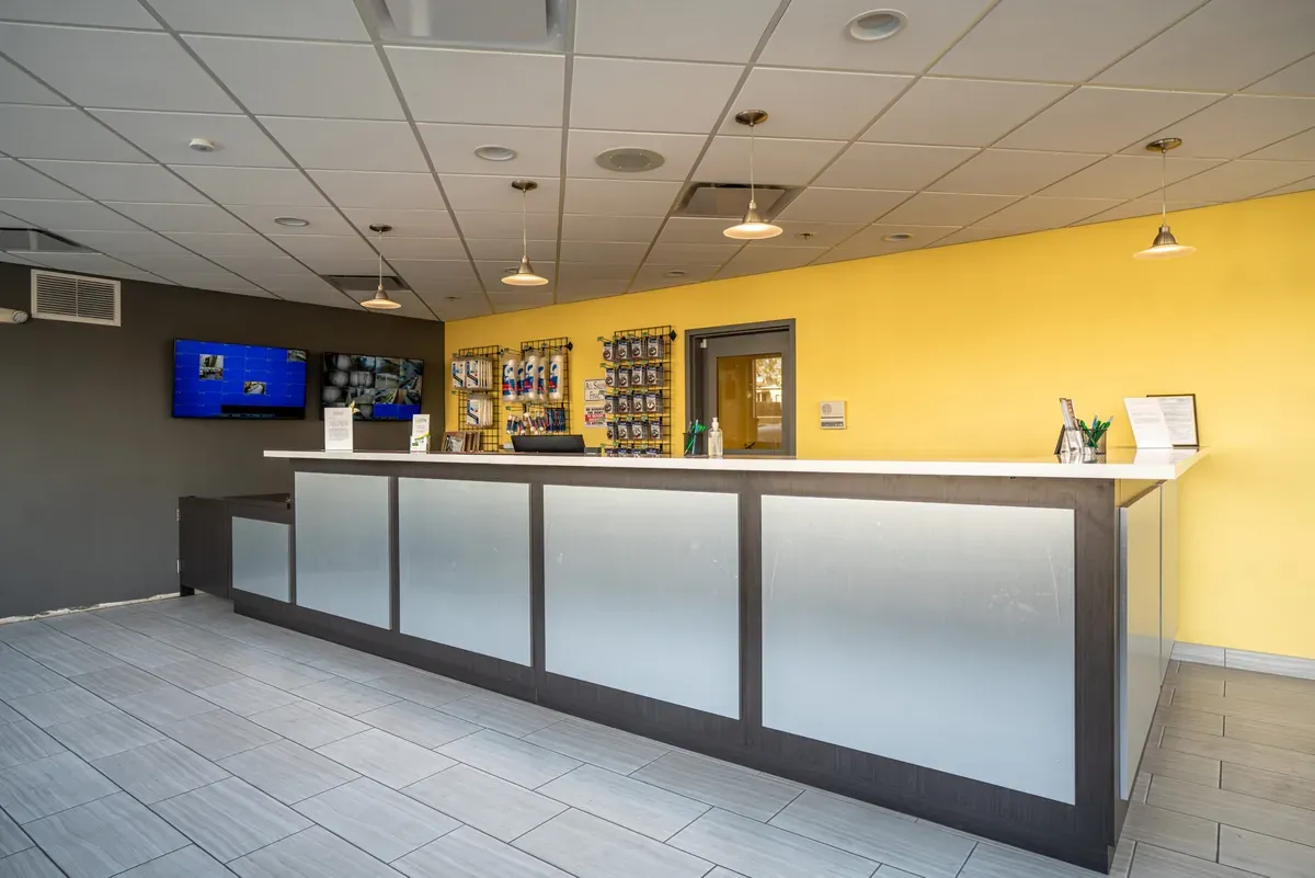 Interior of self storage supplies at U-Stor-It facility, view of office.