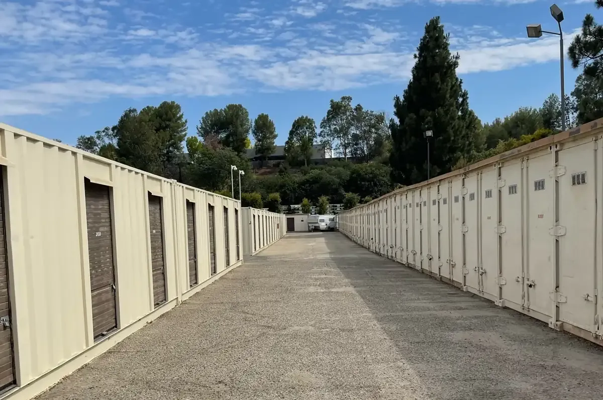 View of outdoor storage units at U-Stor-It self storage facility.