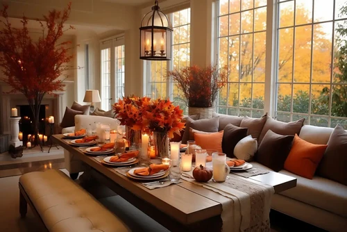 Living room decorated with fall decor.