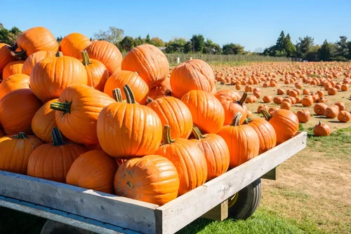 Pile of big orange pumpkins on a wagon in front of a pumpkin patch on a sunny autumn day.