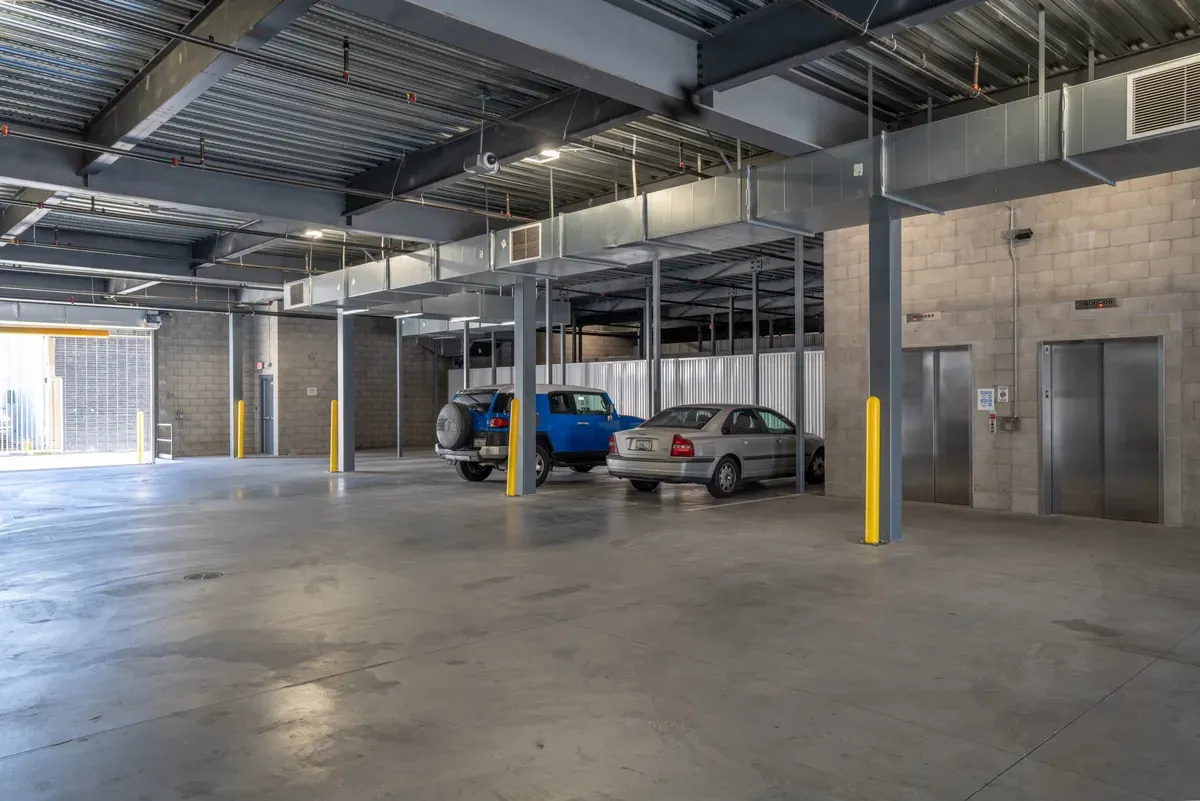 Interior of self storage facility, view of elevator.