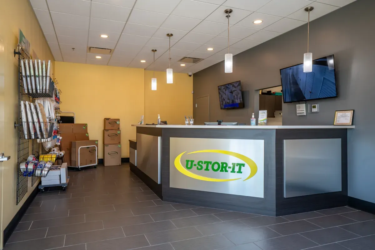 Interior of self storage facility, view of office.