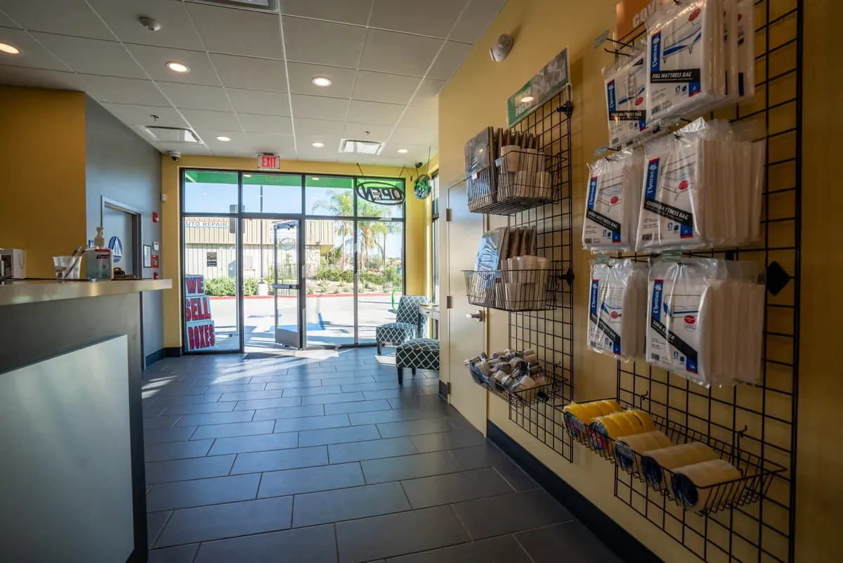 Interior of self storage supplies at U-Stor-It facility, view of office.