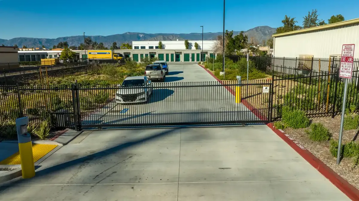 View of security gate at U-Stor-It self storage facility.