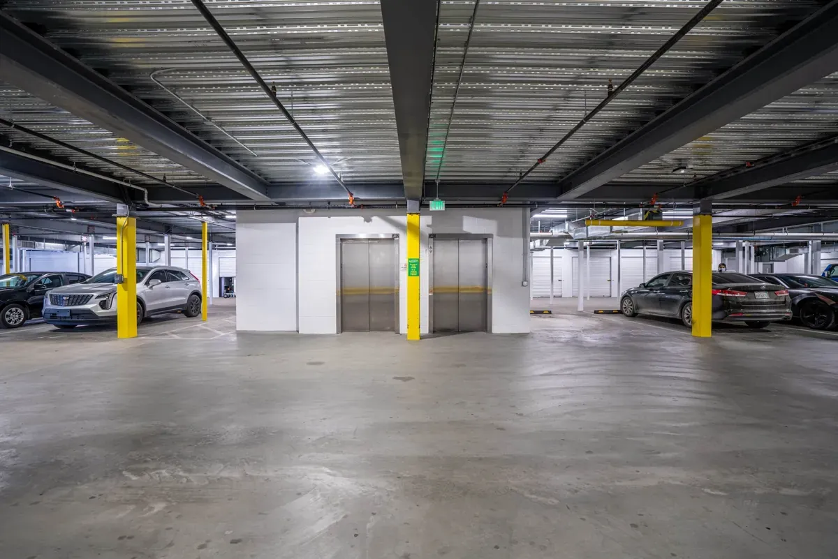 Exterior view of U-Stor-It self storage facility, view of loading zone.