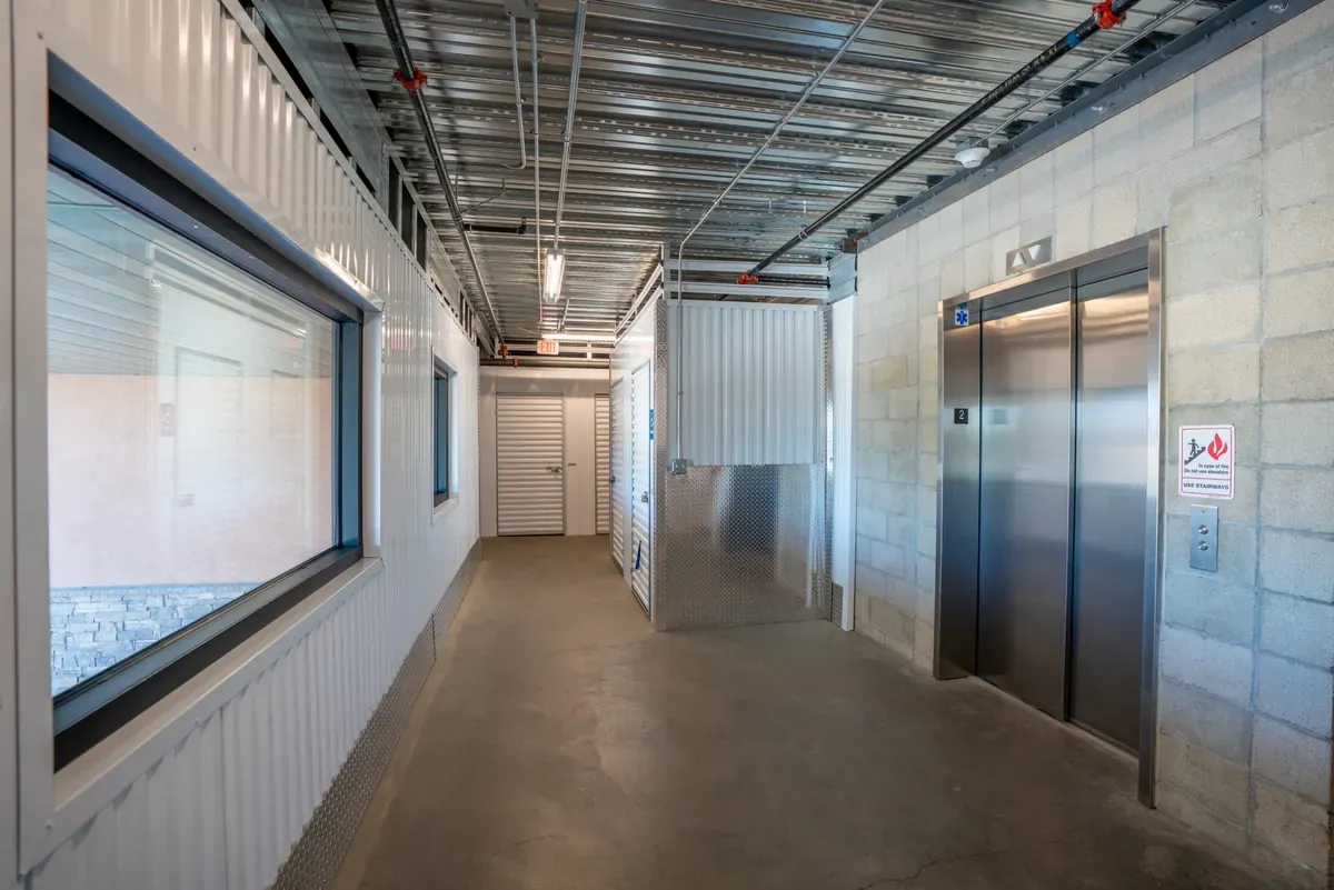 View of interior of U-Stor-It self storage facility, view of elevator.